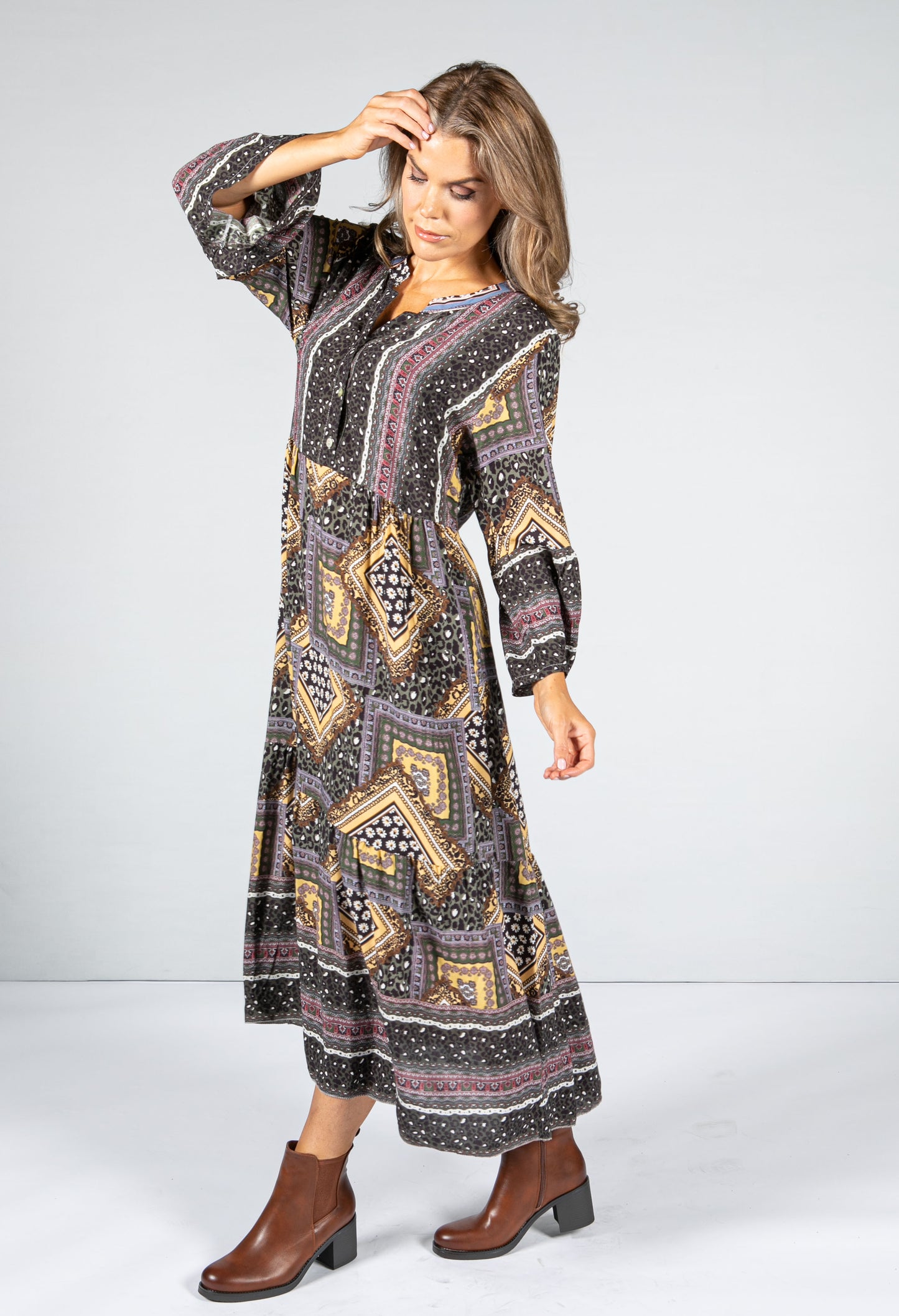 Multi-Print Collarless Maxi Dress in Olive