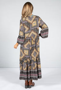 Multi-Print Collarless Maxi Dress in Olive