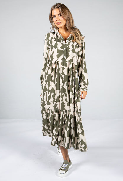 Geometric Print Tiered Maxi Dress in Olive & Oat