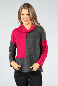 Cowl-Neck Block Knit Jumper in Magenta & Charcoal