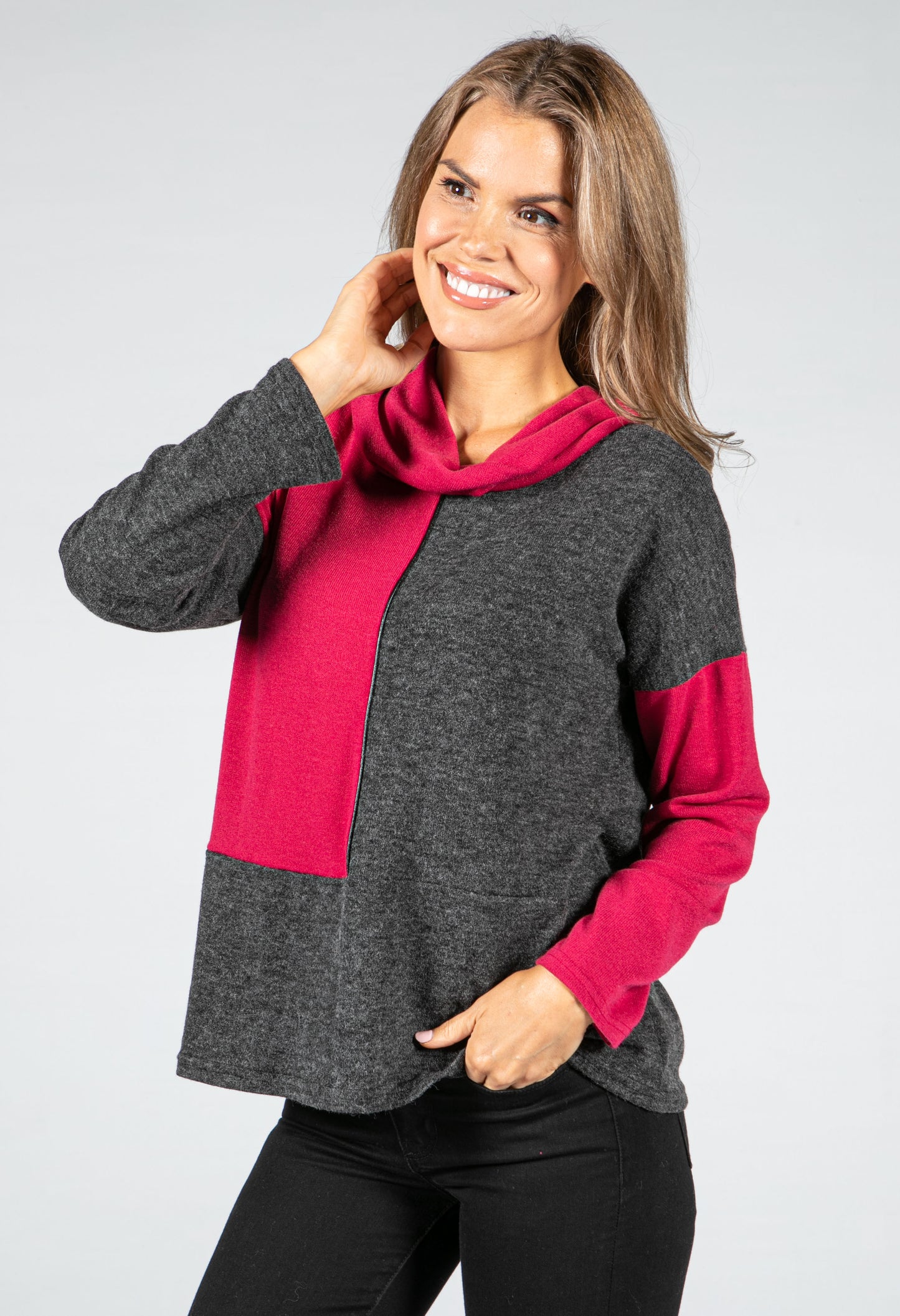 Cowl-Neck Block  Knit Jumper in Magenta & Charcoal