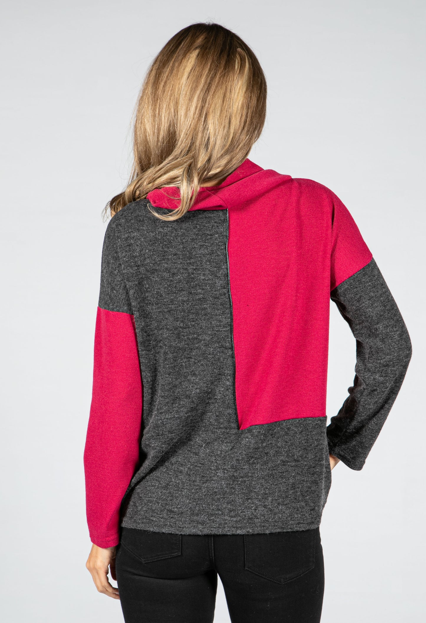 Cowl-Neck Block  Knit Jumper in Magenta & Charcoal