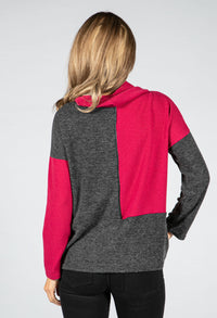 Cowl-Neck Block Knit Jumper in Magenta & Charcoal