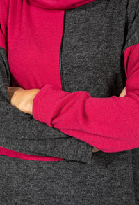 Cowl-Neck Block Knit Jumper in Magenta & Charcoal