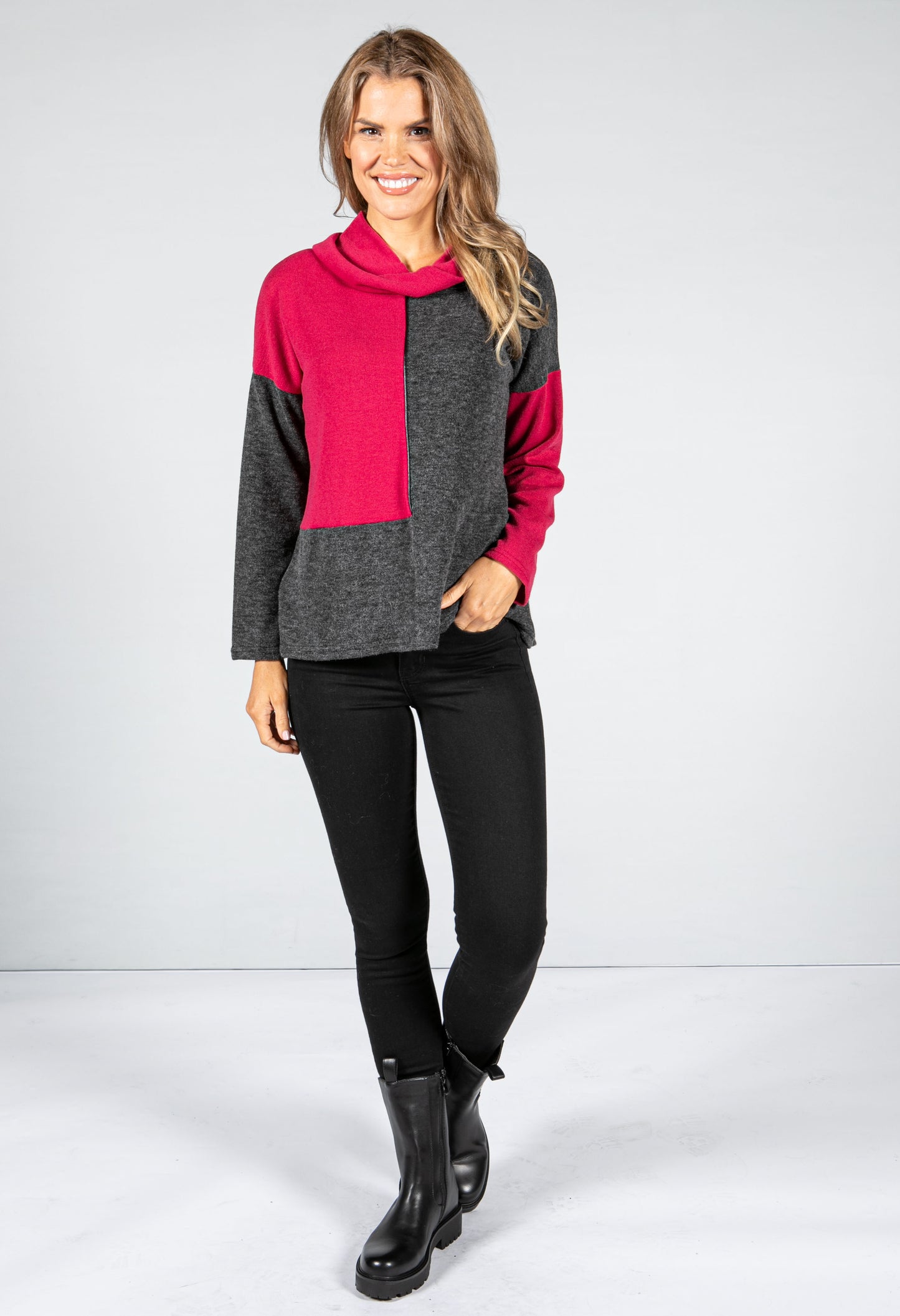 Cowl-Neck Block  Knit Jumper in Magenta & Charcoal