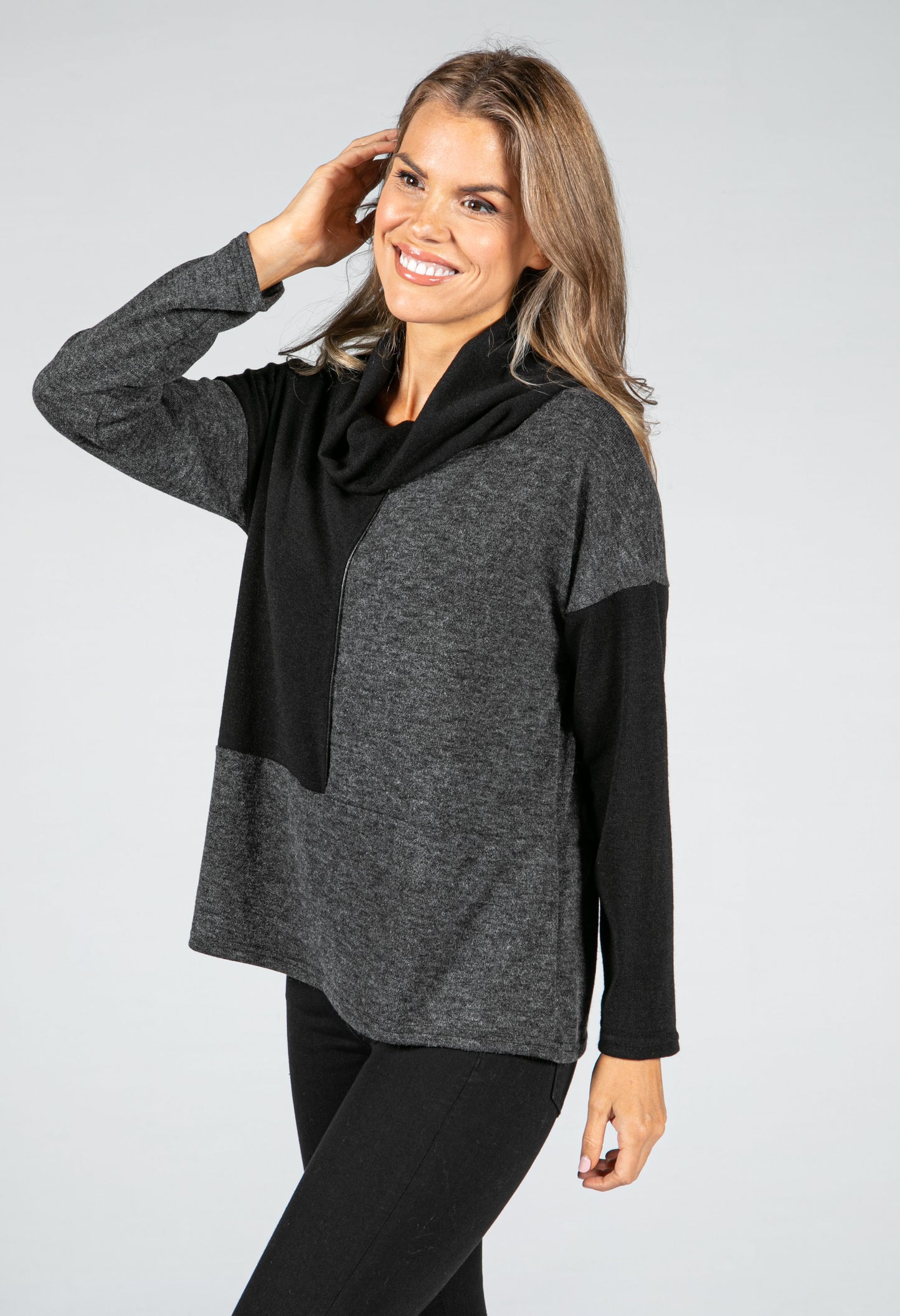 Cowl-Neck Block Knit Jumper in Black & Charcoal