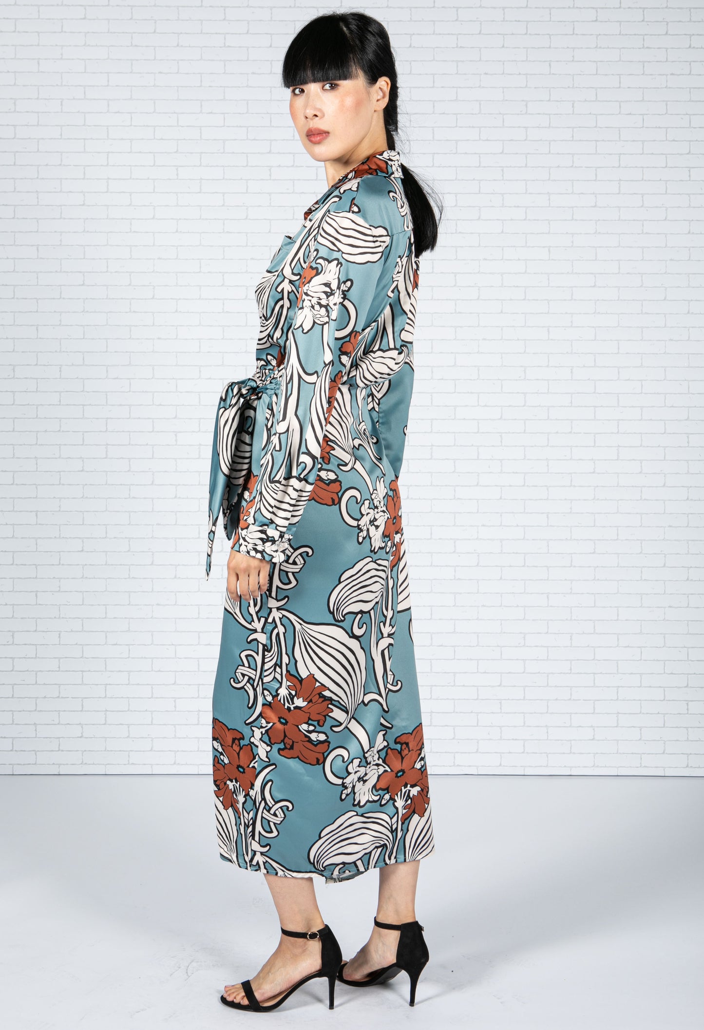 Blossom Print Silk Feel Dress in Deep Turquoise