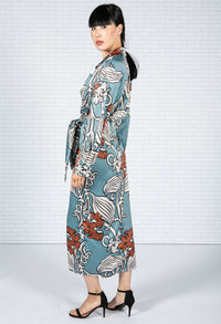 Blossom Print Silk Feel Dress in Deep Turquoise