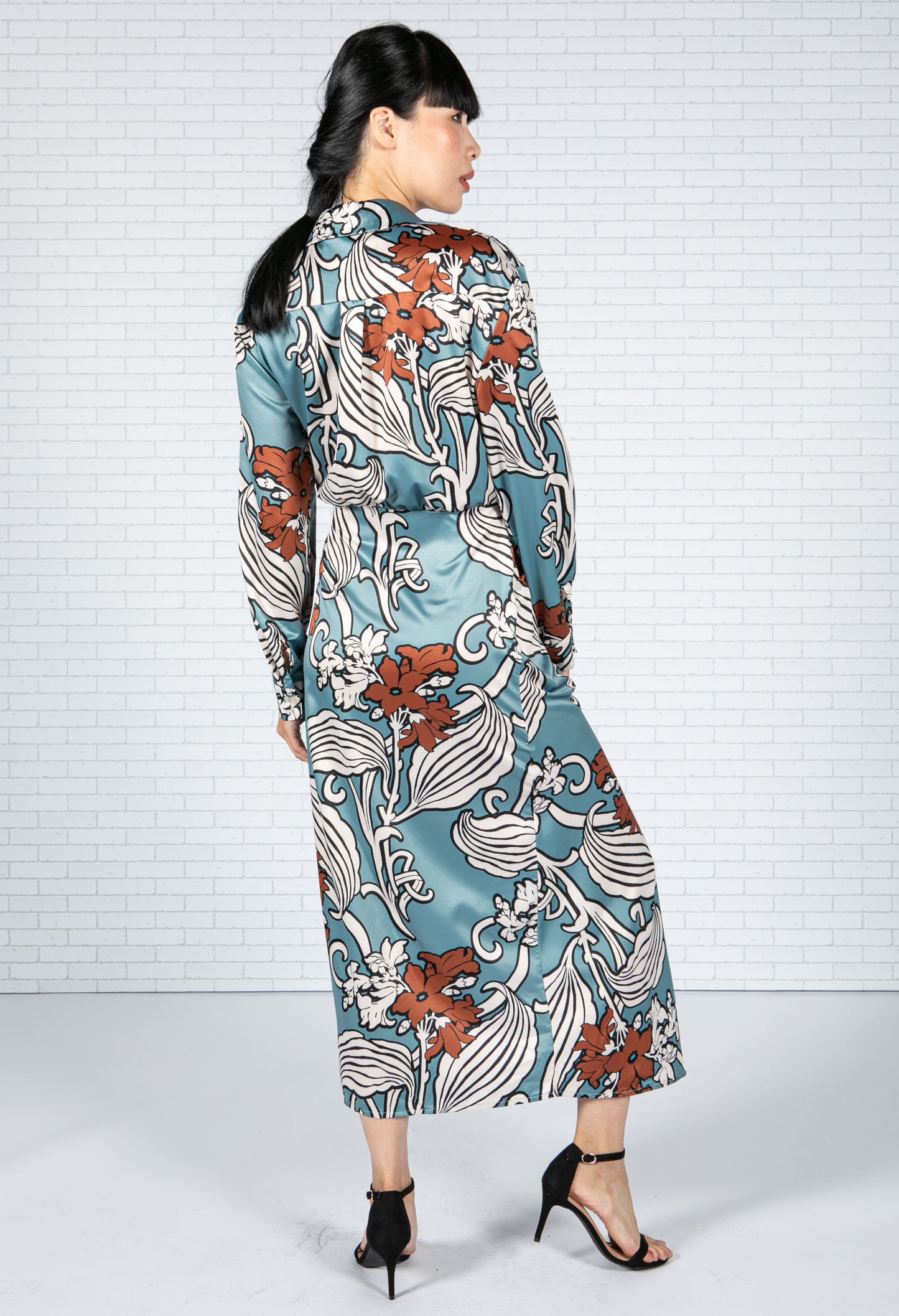 Blossom Print Silk Feel Dress in Deep Turquoise