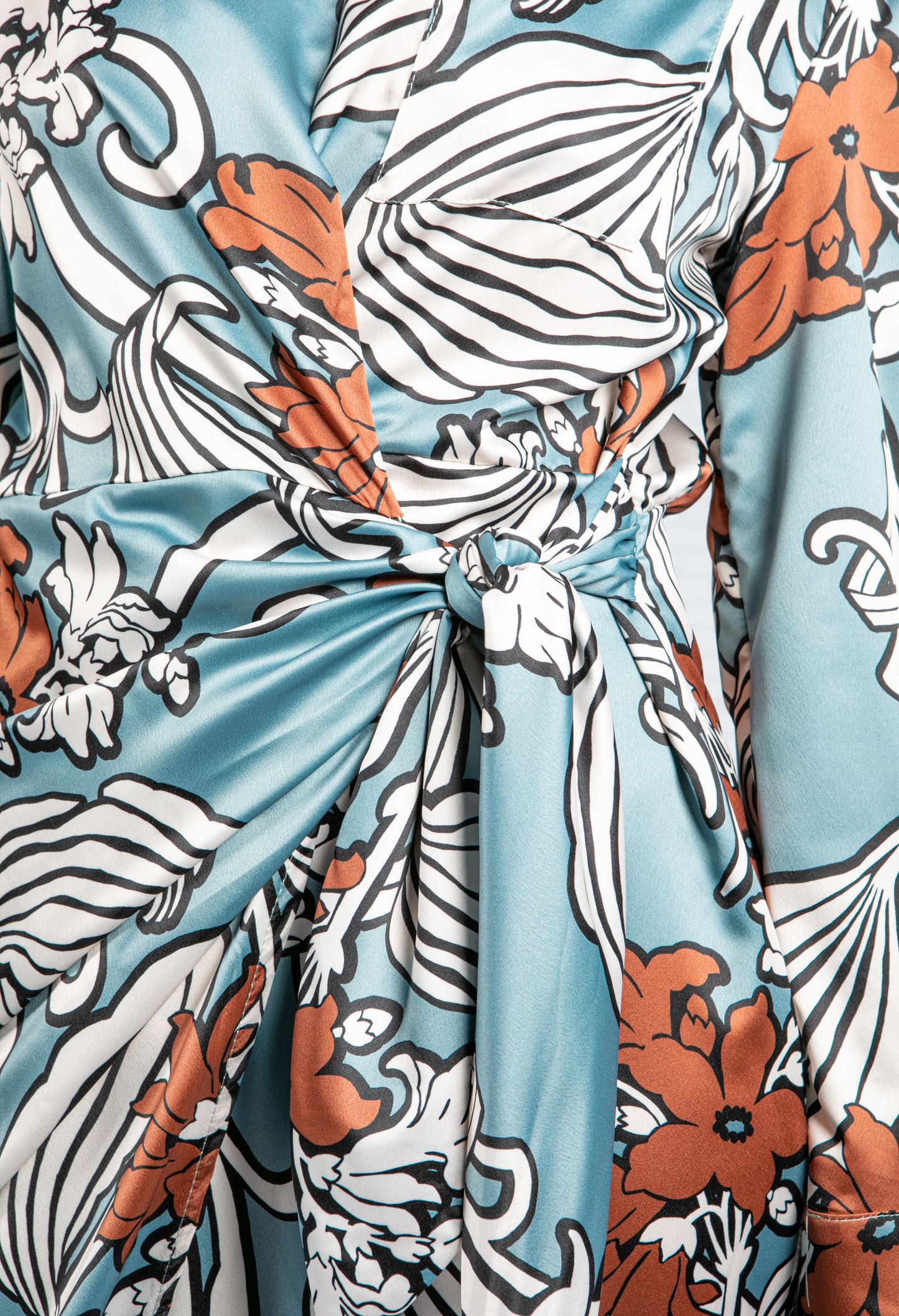 Blossom Print Silk Feel Dress in Deep Turquoise