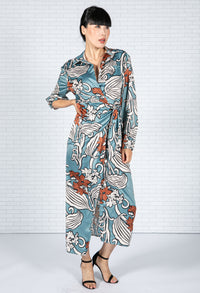 Blossom Print Silk Feel Dress in Deep Turquoise