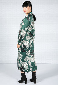 Blossom Print Silk Feel Dress in Forest Green