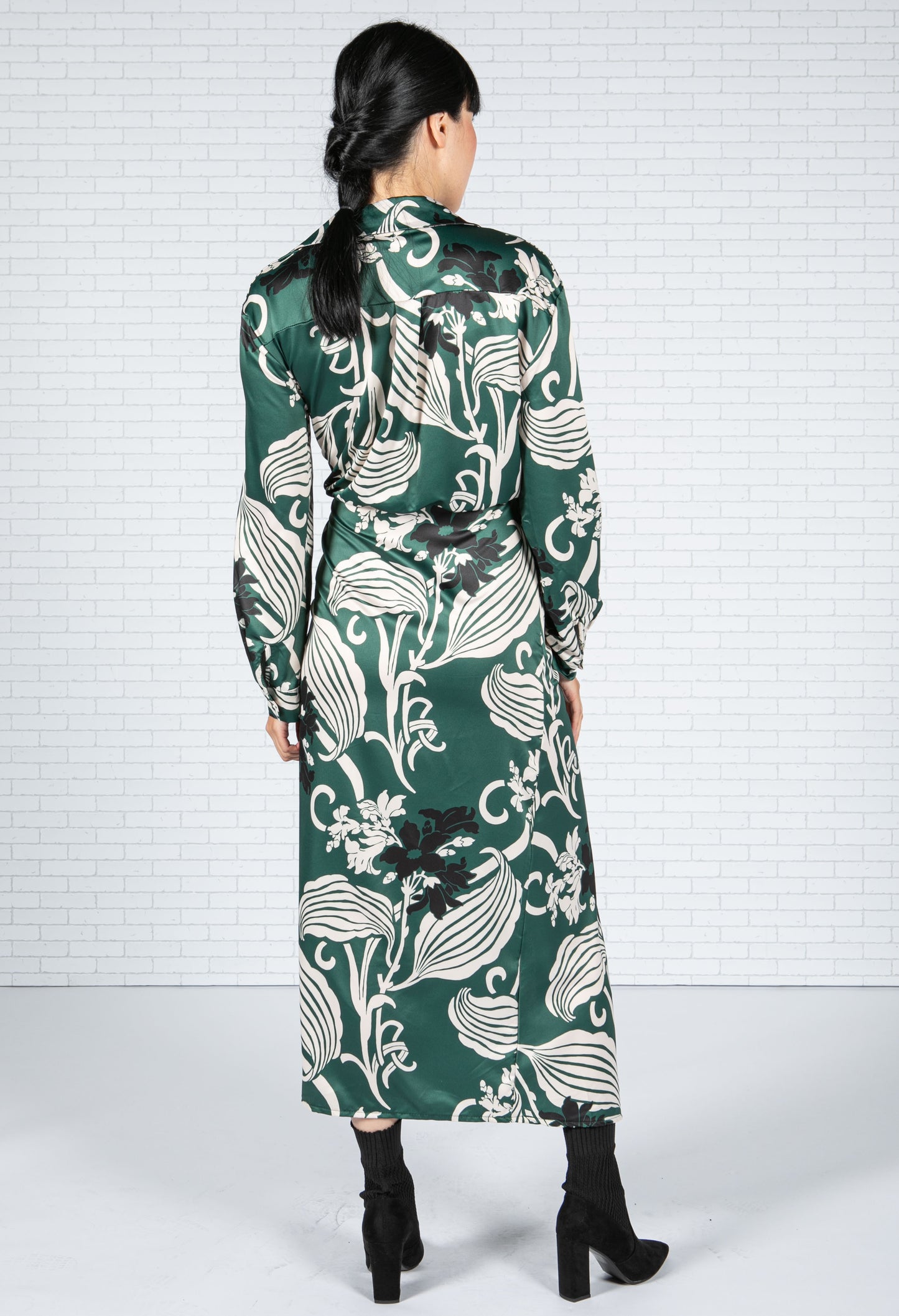 Blossom Print Silk Feel Dress in Forest Green