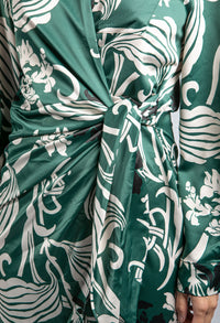 Blossom Print Silk Feel Dress in Forest Green