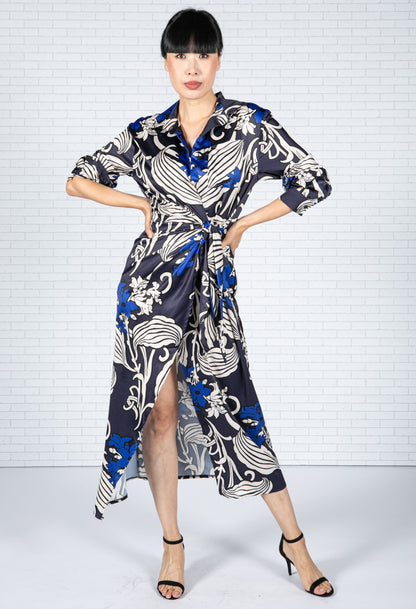 Blossom Print Silk Feel Dress in Deep Blue