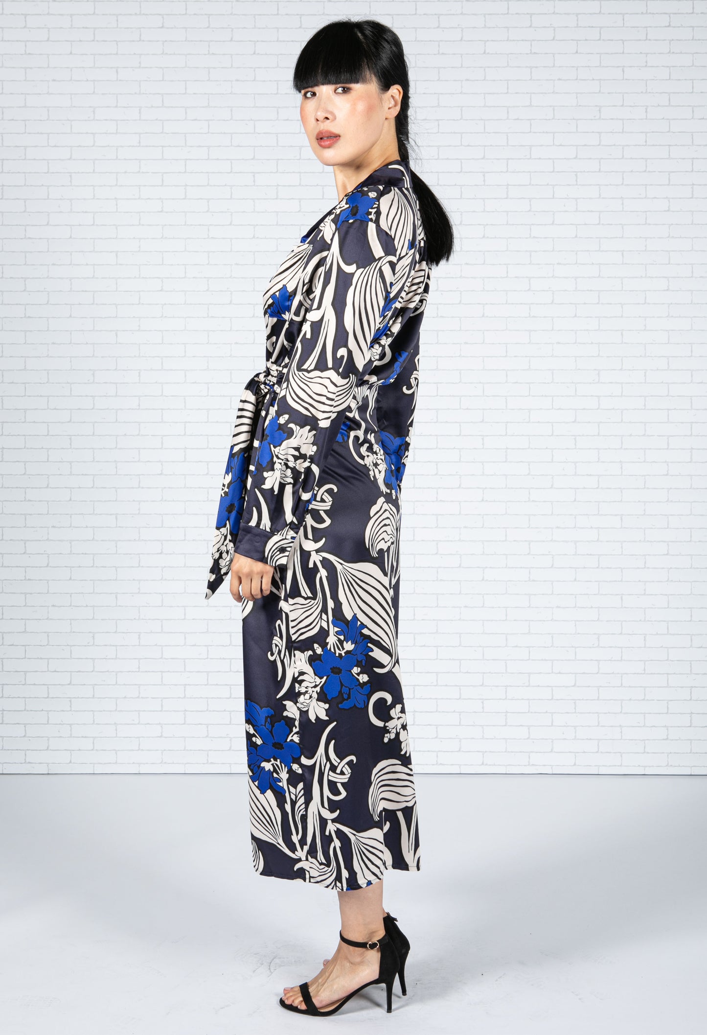 Blossom Print Silk Feel Dress in Deep Blue