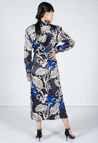 Blossom Print Silk Feel Dress in Deep Blue