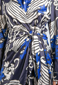 Blossom Print Silk Feel Dress in Deep Blue