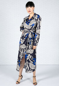 Blossom Print Silk Feel Dress in Deep Blue