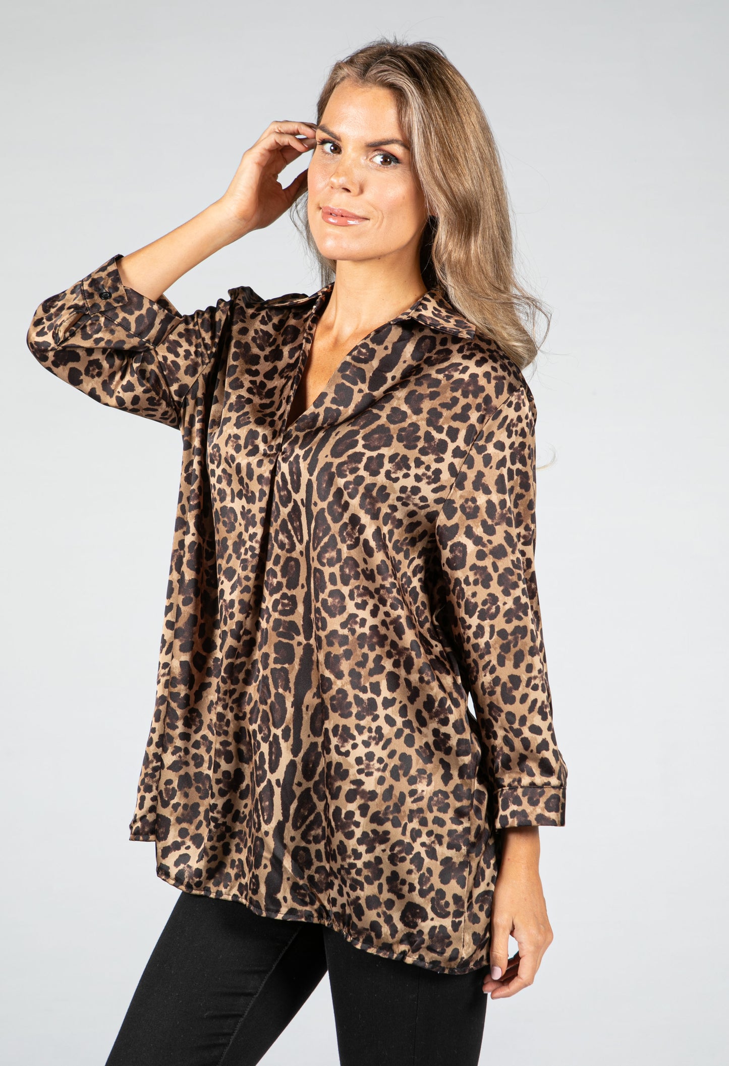 V-Neck Silk Feel Leopard Print Blouse