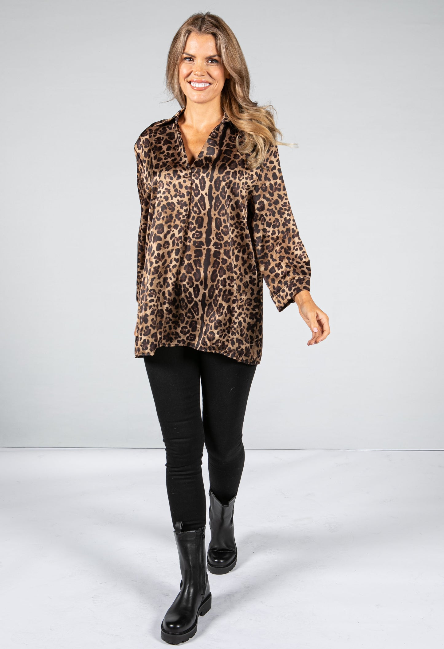 V-Neck Silk Feel Leopard Print Blouse