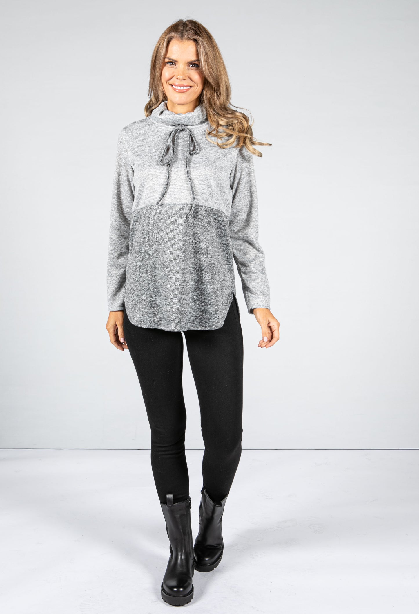 Stand-Up Collar Block Knit Jumper in Light Grey