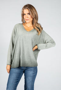 Soft V-Neck Long Sleeve Knit Top in Khaki