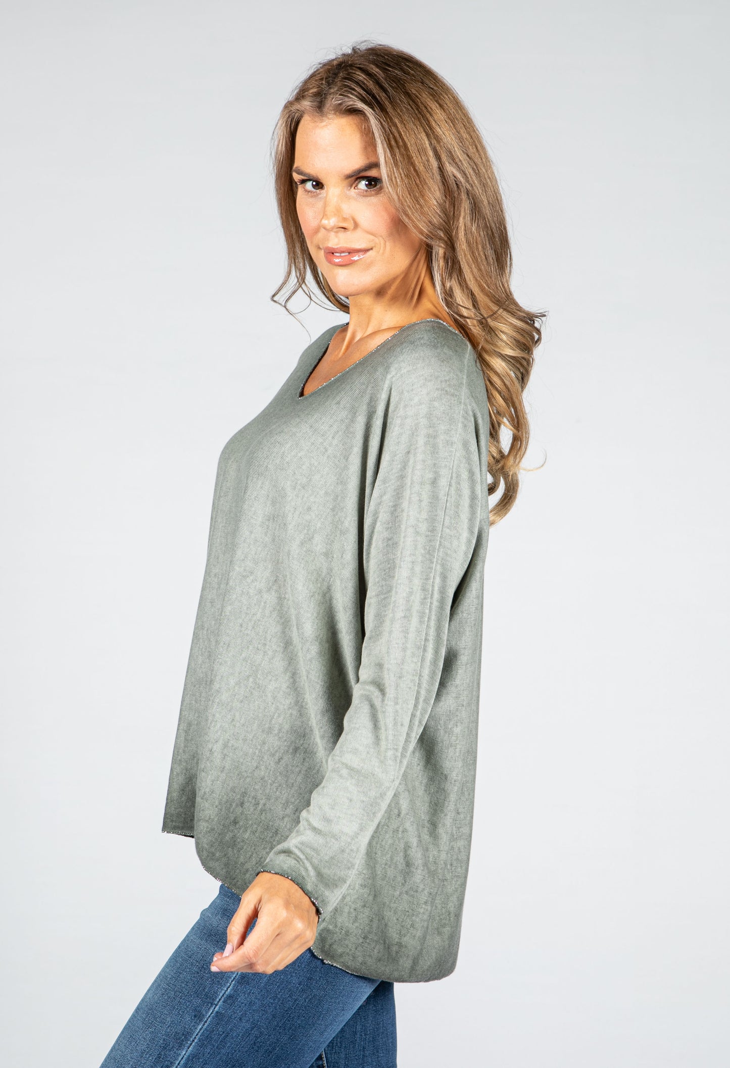 Soft V-Neck Long Sleeve Knit Top in Khaki