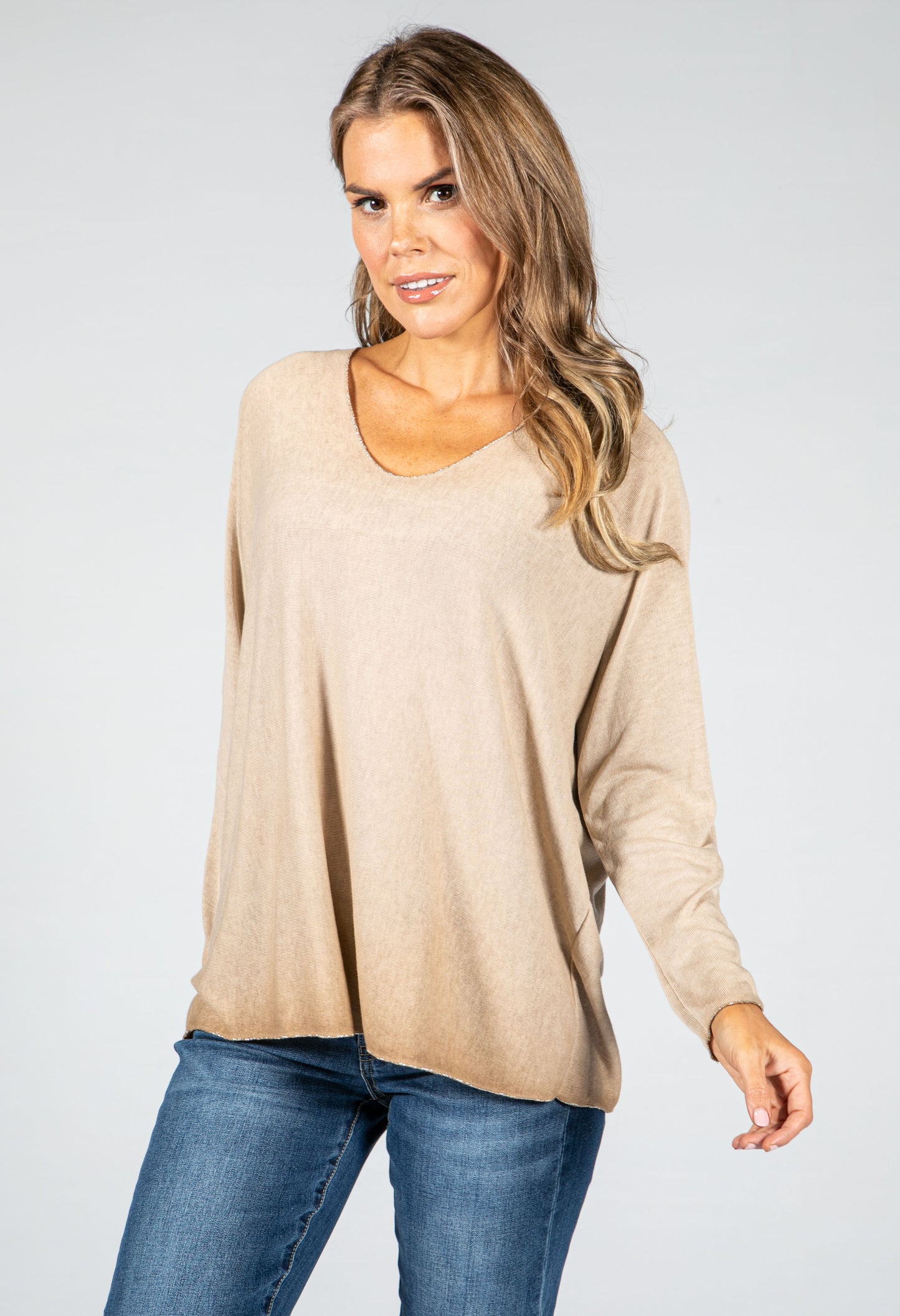 Soft V-Neck Long Sleeve Knit Top in Beige