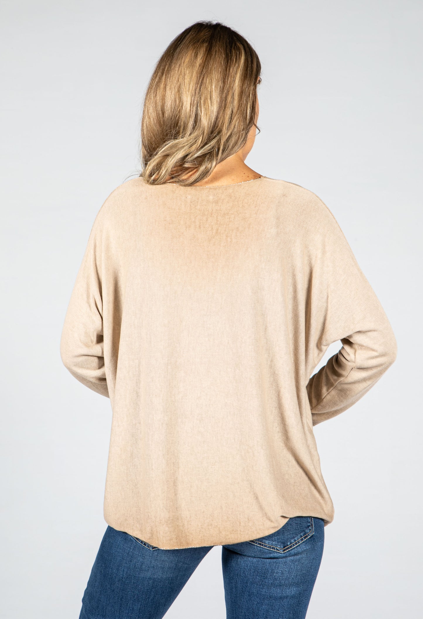 Soft V-Neck Long Sleeve Knit Top in Beige