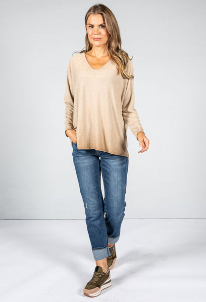 Soft V-Neck Long Sleeve Knit Top in Beige