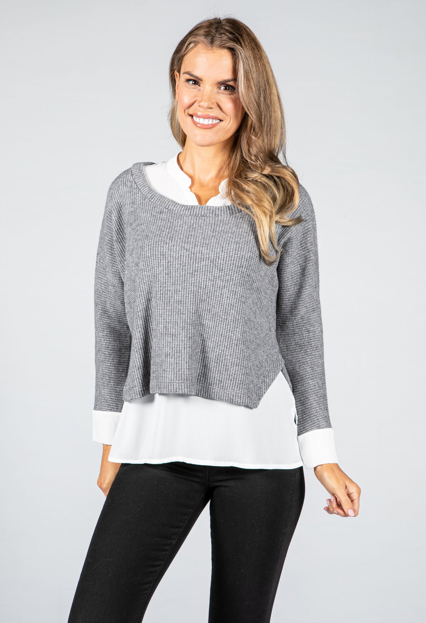 Grey Knit Jumper With Attached Off-White Under Shirt