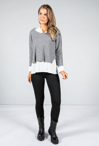 Grey Knit Jumper With Attached Off-White Under Shirt