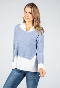 Blue Knit Jumper With Attached Off-White Under Shirt