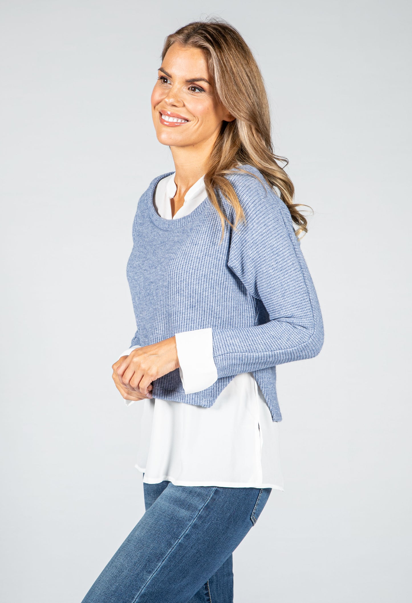 Blue Knit Jumper With Attached Off-White Under Shirt