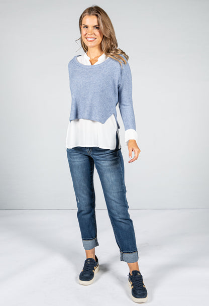 Blue Knit Jumper With Attached Off-White Under Shirt