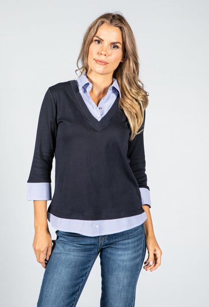 Navy Long Sleeve Top with Attached Under Shirt Detail