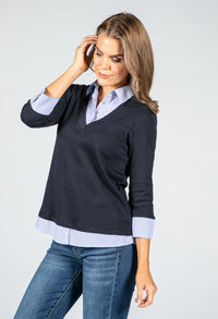 Navy Long Sleeve Top with Attached Under Shirt Detail