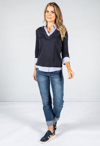 Navy Long Sleeve Top with Attached Under Shirt Detail