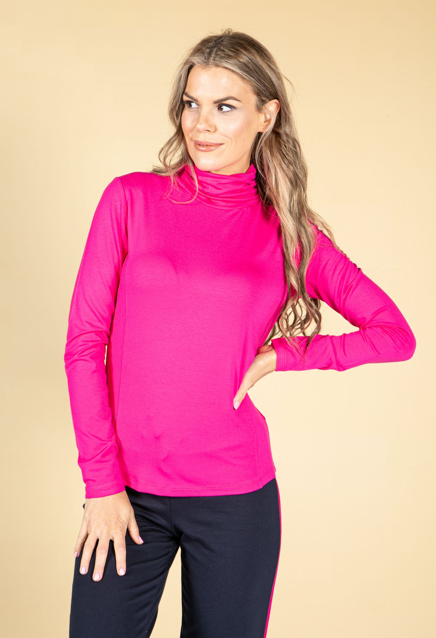 Roll Neck Long Sleeve Top in Magenta