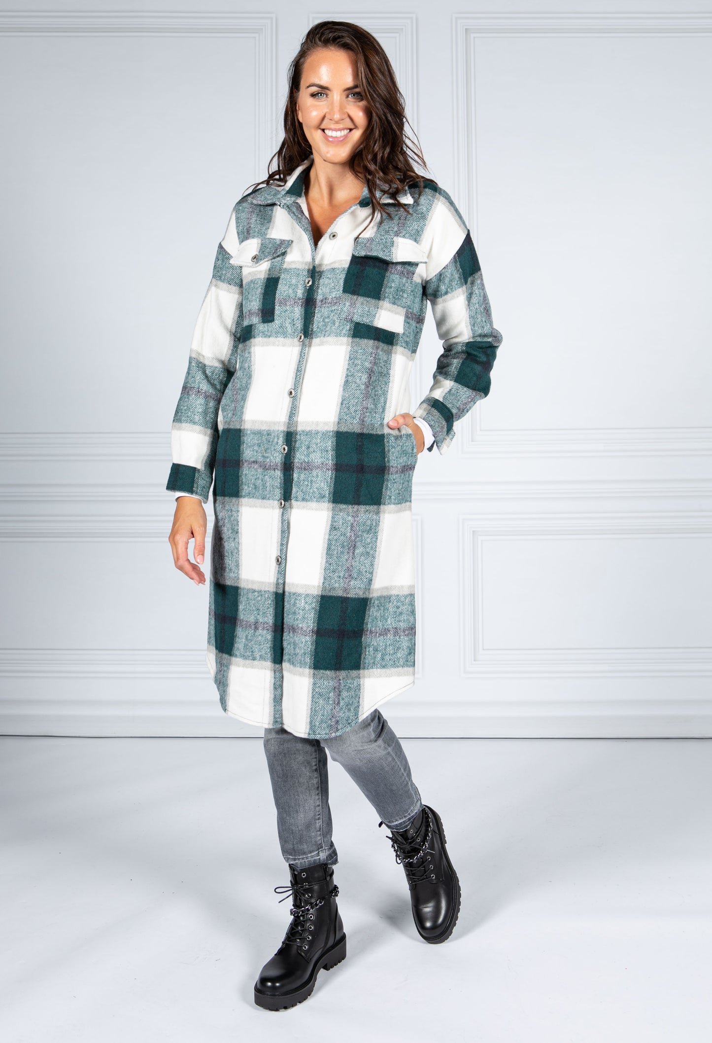 Bottle Green Checked Midi Coat