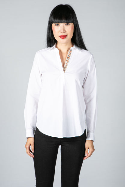 Floral Neckline White Shirt