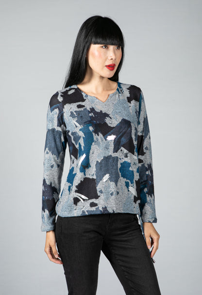 Blue and Grey Mix Abstract Print Top