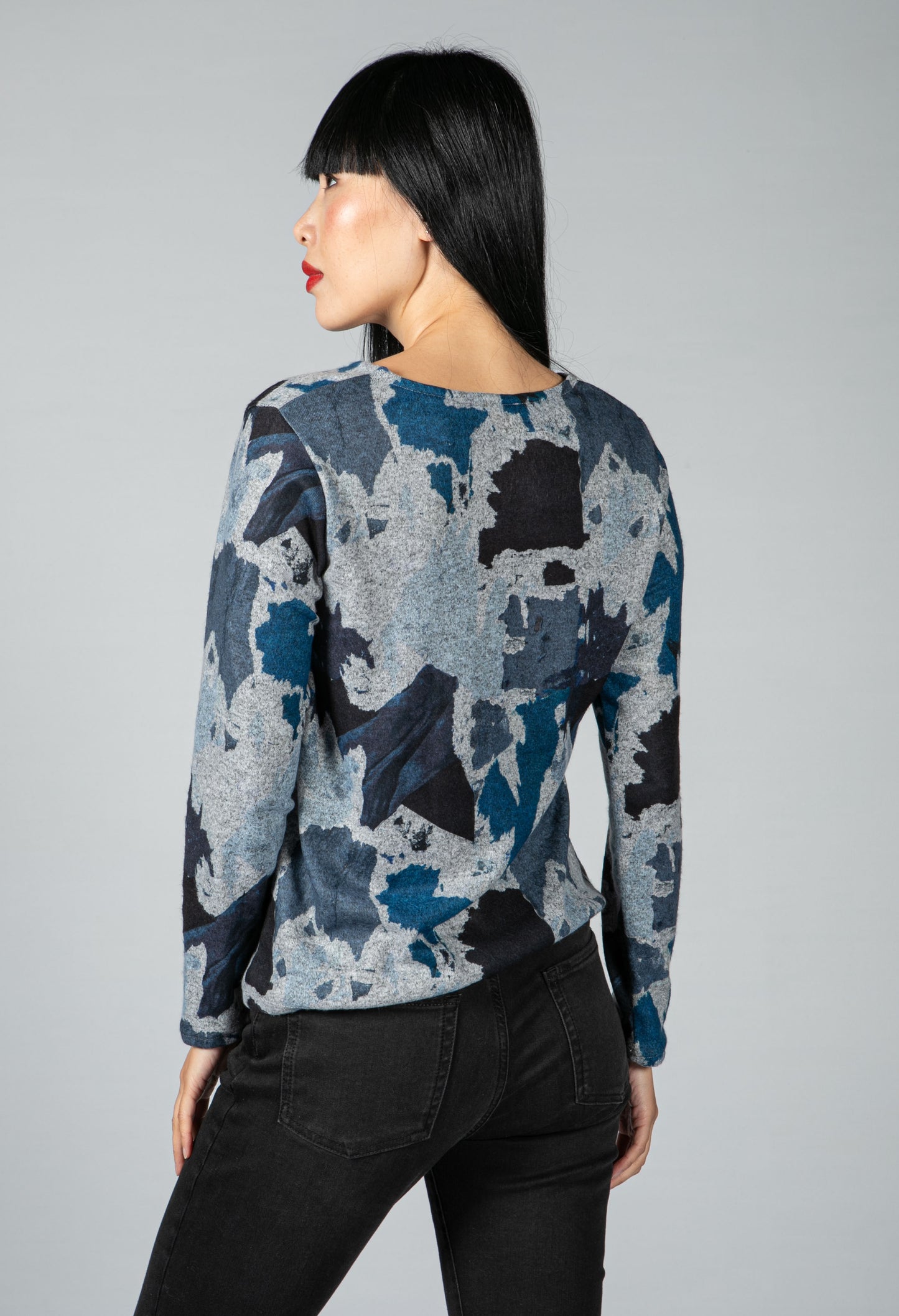 Blue and Grey Mix Abstract Print Top