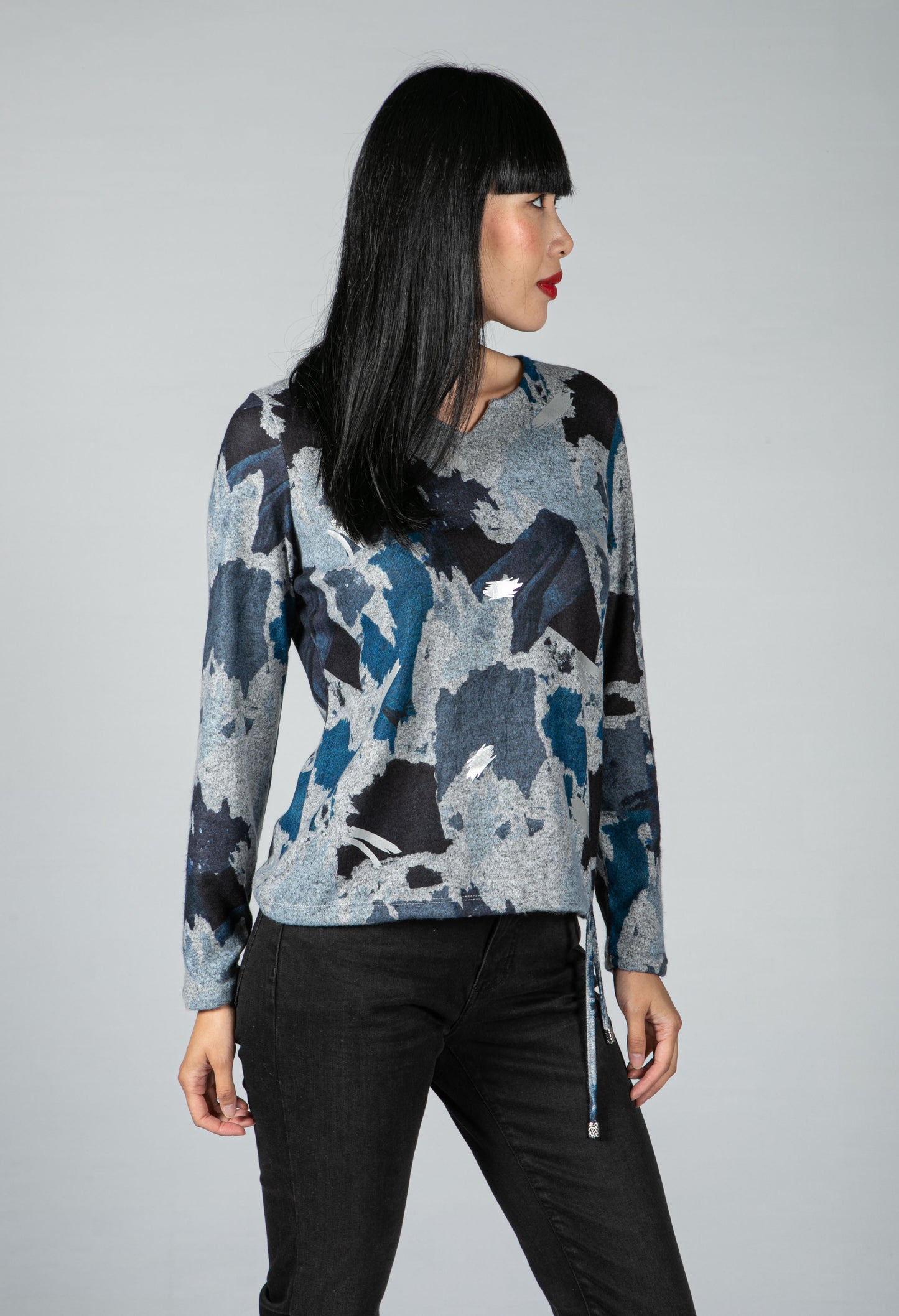 Blue and Grey Mix Abstract Print Top