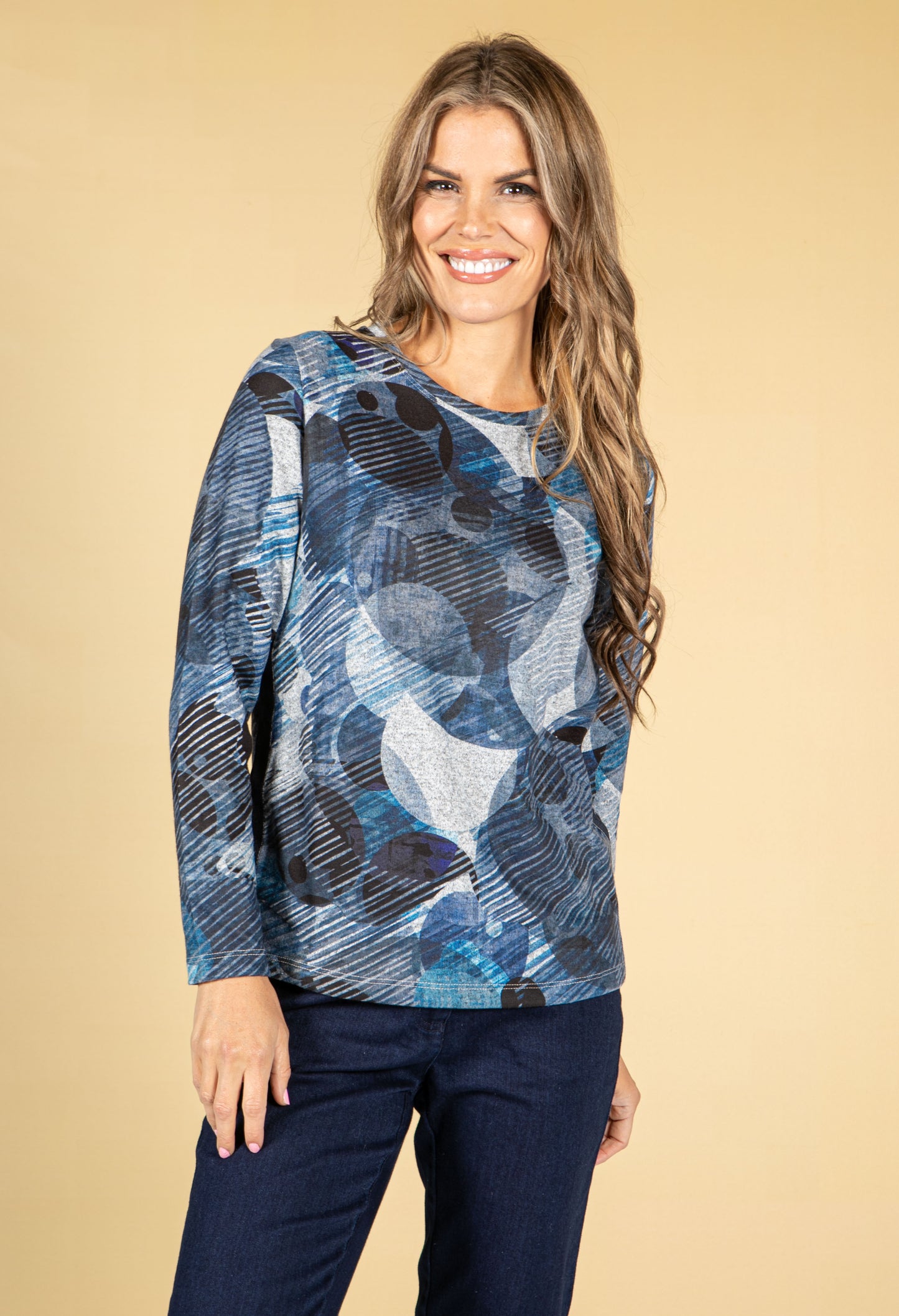 Abstract Circle Print Top in Deep Blue