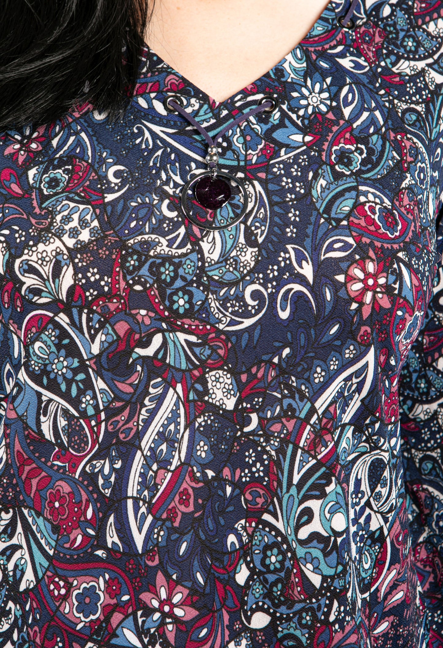 Paisley Print Top with Necklace Detail