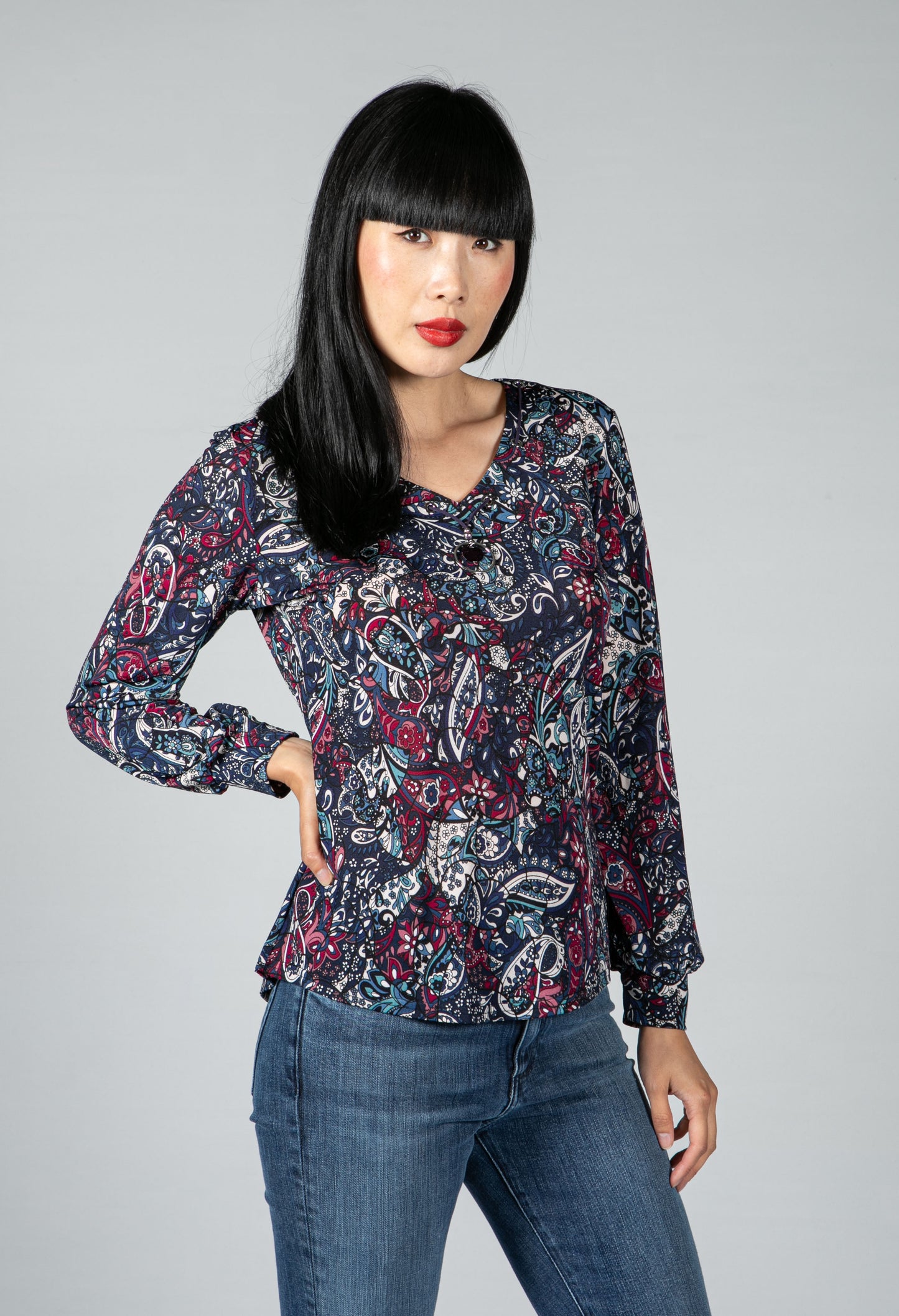 Paisley Print Top with Necklace Detail