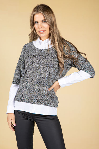 Black & White Print Knit with Attached Under Shirt