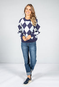 Argyle Knit Jumper in Navy & Powder Blue